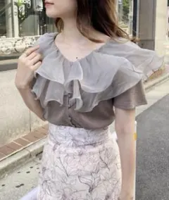 NICE CLAUP オーガンフリル半袖テレコトップス