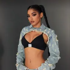 SHEIN ダメージ加工 ライトブルー クロップドデニムジャケット