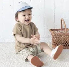 ベルメゾン　レイヤード風　カエルロンパース　オートミール系チェック柄　Gita