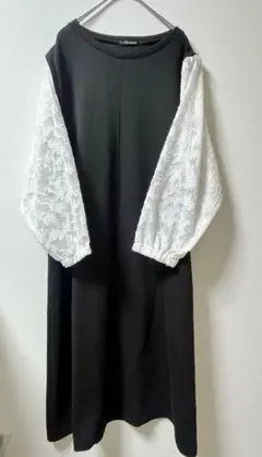 【美品】ドッキングワンピース Lサイズ　黒×白 花柄ジャガード袖