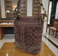COACH シグネチャー ショルダーバッグ キャンバス×レザー ブラウン