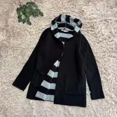 6996✾アズールベーシック✾ロングニットカーディガン【M】黒/フード/ボーダー