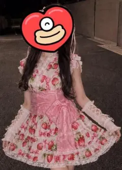 【甘ロリ♡姫ギャル浴衣ドレス♡いちご×リボン×薔薇♡レースフリル ピンク】 いちご♡ロリータ【y2k姫ギャル♡浴衣ドレス ネイビー×りぼん花柄