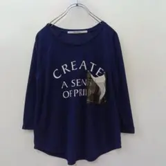 4『レイカズン』プリントTシャツ【F】カットソー クルーネック ネイビー