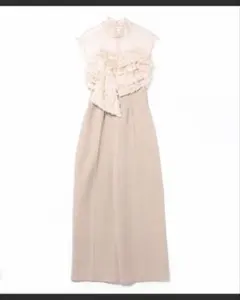 オールインワン　オーバーオール　パーティードレス　フリル付きロングドレスベージュ