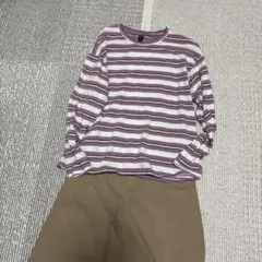 ストライプ 長袖カットソー 紫 白