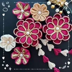 つまみ細工髪飾り 成人式 七五三(金縁エンジ)