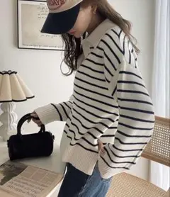 Java アイボリー ストライプ スキッパーポロニット L