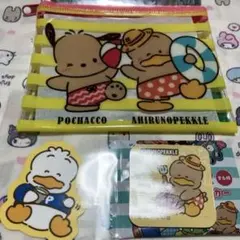 スシロー　はぴだんぶい　ポチャッコ　ペックル　ファスナーポーチ　ステッカーなど