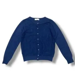 VIS ネイビー レースデザイン　パール風ボタン付カーディガン M