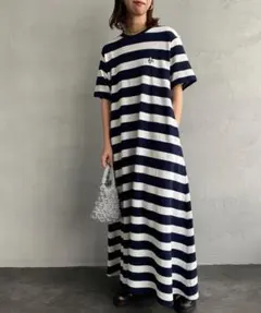CHUMSチャムス　ブービーワンポイントロゴ刺繍 鹿の子ワンピースLボーダー半袖のサムネイル