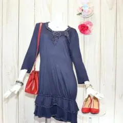 INGEBORG 七分丈袖ワンピース M ドットリボン ピコフリル マーメイドのサムネイル