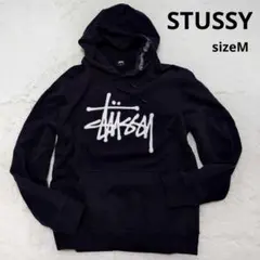 ステューシー STUSSY　パーカー　濃紺　デカロゴ　フード刺繍ロゴ　古着　M