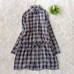 UNIQLO ユニクロ　綿100 長袖チェック柄ひざ丈ワンピース M カジュアル