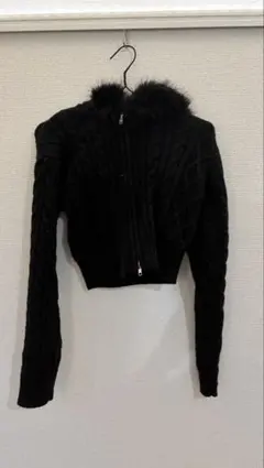 GRL ファー付きフード ケーブルニット ジップアップパーカー 黒