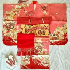 クリーニング済み　七五三　7歳　ハーフ成人式　着物　四つ身　ピンク　古典柄　糸車