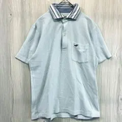 クロコダイル ポロシャツ S 水色 襟裏ストライプ 胸ポケット ロゴ刺繡
