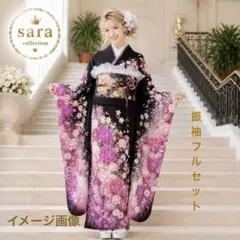 ［本日限定価格】豪華振袖　 黒地椿ラインストーン金駒金彩　長襦袢草履バック付き❤️のサムネイル