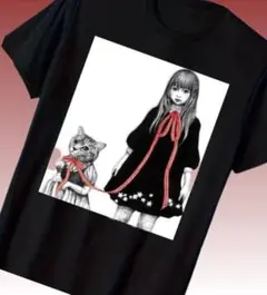 少女と猫 グラフィック Tシャツ ブラック　y2k パロディ　漫画風
