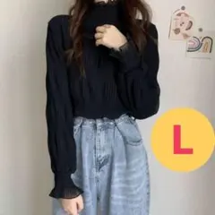 シフォンブラウス 可愛い フリル L シアートップス 長袖 ブラック 韓国