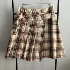 olive des olive ベルト付巻き風スカート チェック柄 綿100％