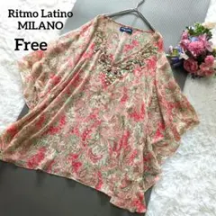 美品　リトモラティーノ　シアー半袖ブラウス　ペイズリー　ビーズ　オレンジ6330