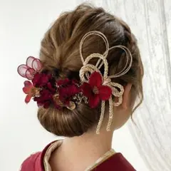 成人式　髪飾り　ヘアパーツ　振袖　　着物リボン水引組紐金赤　ヘッドドレス　卒業式