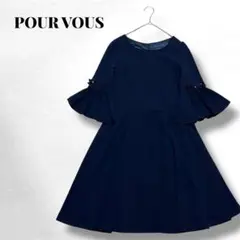 【プールヴー】ネイビー/フレアワンピース/フリル袖/花装飾/無地/エレガント/S