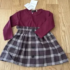 長袖ワンピース 90cm ワインレッド チェック柄