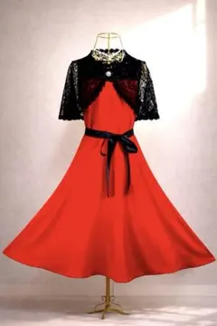 赤パーティードレスS-M 黒レースボレロ パールネックレス リボンSET 結婚式