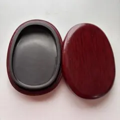 硯、赤い木製 書道用具 楕円形