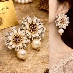 ビーズ刺繍フラワー×コットンパール ピアス　イヤリング