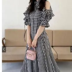 GRL ギンガムチェック柄ショルダーオープンフリルワンピース 半袖