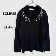 イクリプス　ECLIPSE ニット　M 毛　100% 黒　花柄　ビジュー装飾