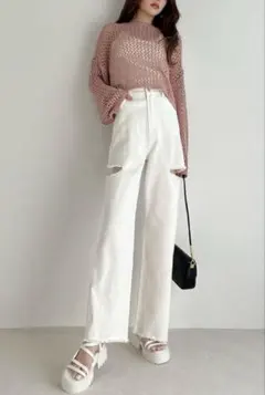 【即納】GRL スリットダメージワイドパンツ グレイル ホワイト 白 L