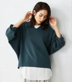 コムサイズム　Ｖネックニット　レイヤードカットソー　ダークグリーン　長袖