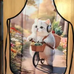 猫柄 エプロン 自転車に乗る猫 ヘッドホンのサムネイル