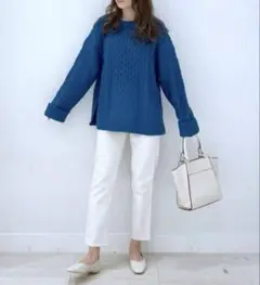 GLOBAL WORK 青 ケーブル編み 長袖ニット