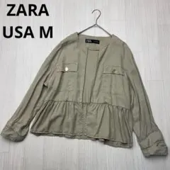 ● ZARA ザラ　ノーカラー　ジャケット　ベージュ　ペプラム　USA M
