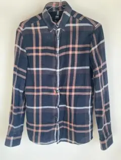 H&M ネイビーオレンジチェック長袖シャツ XS