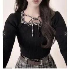 GRL チェック柄リボンリブニットトップス[tw1245]