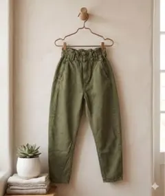 【大人気】ZARA ザラ ハイウエスト ギャザー デニム パンツ カーキ S