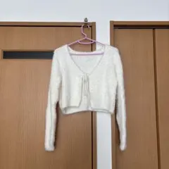 ホワイト クロップドカーディガン リボン付き