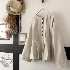 ハンドメイド　ハーフリネン　アンティーク　タック　ブラウス　ジャケット　生成り