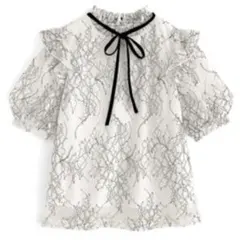 ベロアリボン付き配色花柄レースリボントップス GRL ブラウス 白黒 フレガリ