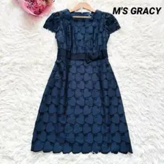 美品 エムズグレイシー ワンピースドレス ハート刺繍 総柄 リボン 現行タグ38