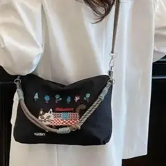 レディース カジュアル キャット刺繍 ボディバッグ ナイロン ショルダーバッグ