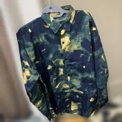 緑 紺 ヴィンテージ レトロシャツ レトロ古着 総柄 長袖 XL