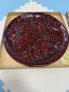 お盆 朱色 彫刻花模様 漆器 盆 直径36.5cm 高島屋購入品 昭和レトロ