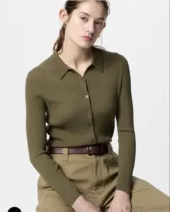 UNIQLO リブポロカーディガン オリーブ Lサイズ